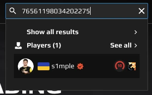 Вставьте steamID64 в окно поиска Faceit, чтобы найти все профили Faceit, связанные с этим профилем Steam