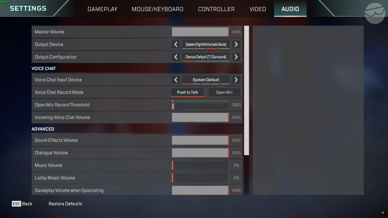 best audio settings for apex